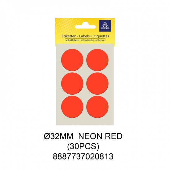 MAYSPIES MS032 COLOUR DOT LABEL / 5 SHEETS/PKT / 30PCS / ROUND 32MM NEON RED